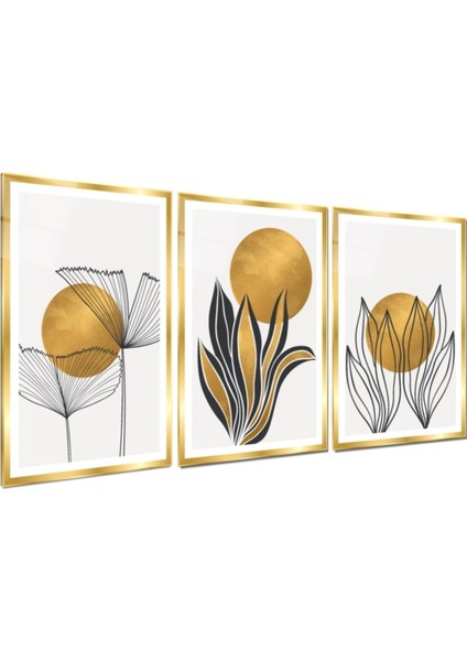 Gold Yapraklar Triple Cam Tablo