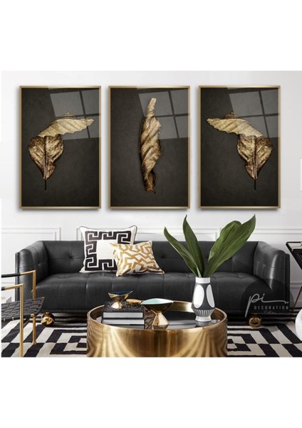 Gold Yapraklar Triple Cam Tablo