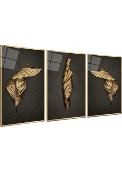 Gold Yapraklar Triple Cam Tablo