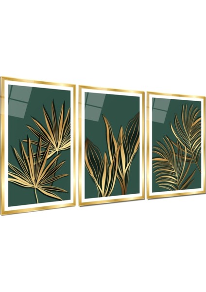Gold Yapraklar Triple Cam Tablo