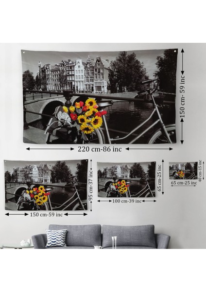 Amsterdam Kanallarındaki Bisiklet ve Laleler Duvar ÖRTÜSÜ-HALISI-6594