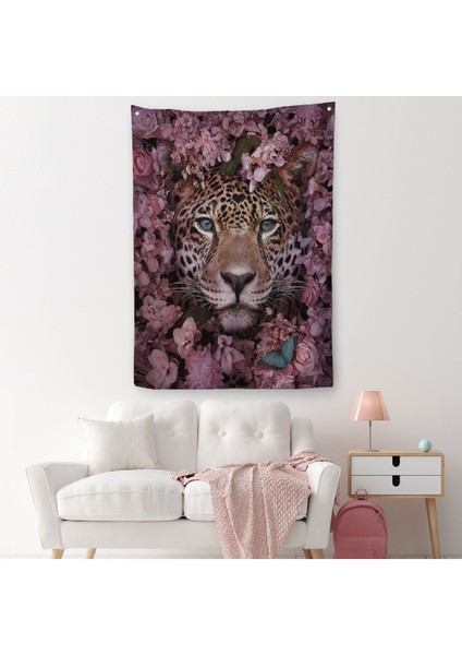 Pembe Çiçekler Arasında Vahşi Leopar Dekoratif Duvar Örtüsü - HALISI-6195