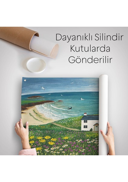 Ingiltere Sahilindeki Beyaz Külübe, Martılar ve Çiçekler Kanvas Duvar ÖRTÜSÜ-HALISI-5852