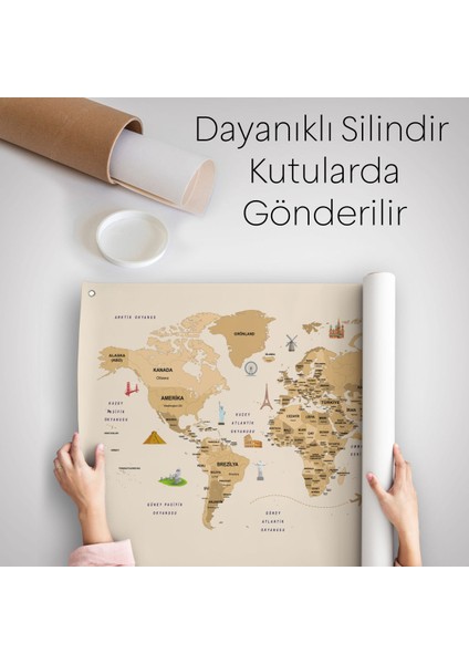Türkçe Eğitici Ülke ve Başkent Detaylı Atlası Dekoratif Dünya Haritası Duvar Örtüsü-Halısı 3839