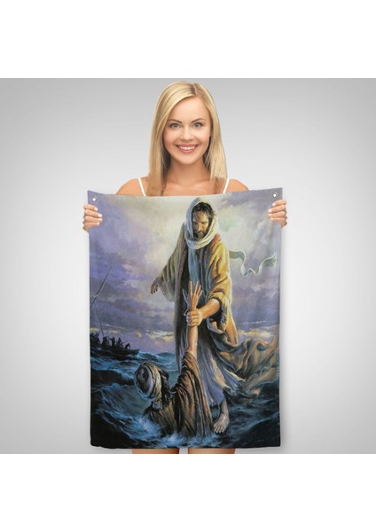 Isa Peteri Kurtarıyor Duvar Örtüsü - Halısı, Hırıstıyan Hediyesi, Jesus Saving PETER-6092