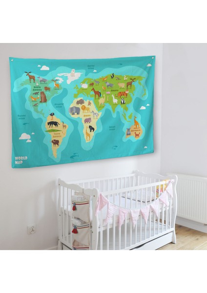 Eğitici Dünya Haritası Dünya Atlası Çocuk ve Bebek Odası Duvar Örtüsü-Halısı 3784