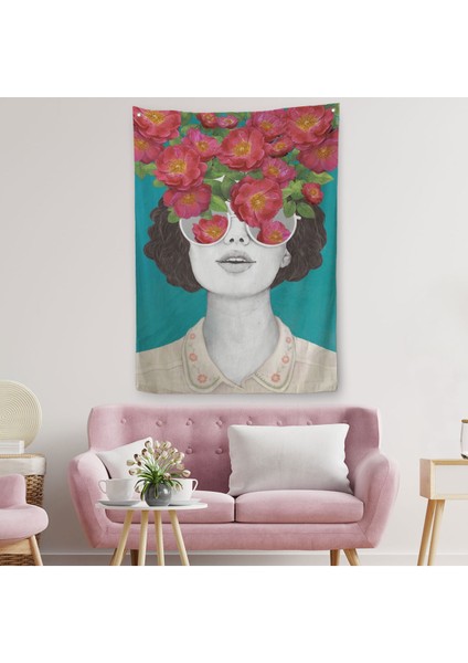 Çiçekler Saçan Optimist Kadın Duvar Örtüsü - HALISI-6269