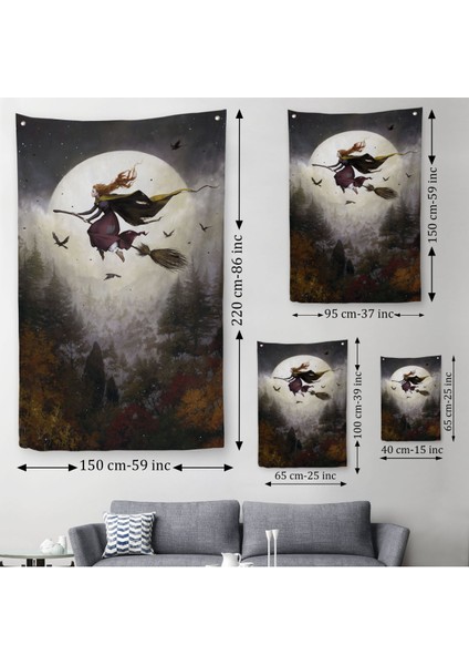Süpürge ile Uçan Cadı, Cadılar Bayramı Hediyesi, Hallowen Duvar Örtüsü-Halısı -6398