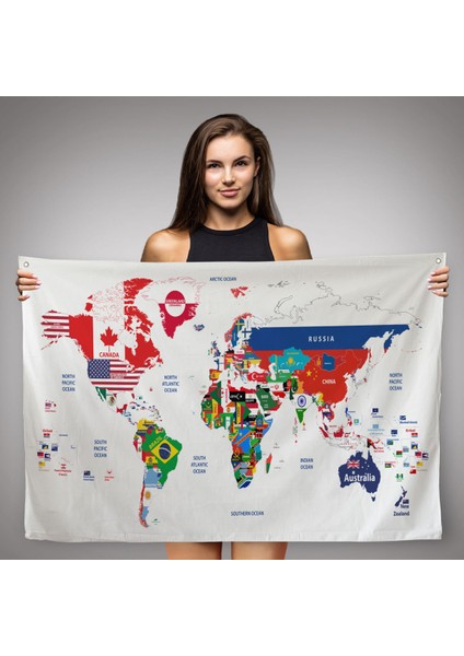 Dünya Haritası Bayrak Desenli Dekoratif Kanvas Duvar Örtüsü-Halısı 1043
