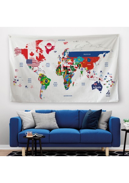 Dünya Haritası Bayrak Desenli Dekoratif Kanvas Duvar Örtüsü-Halısı 1043 fiyatları