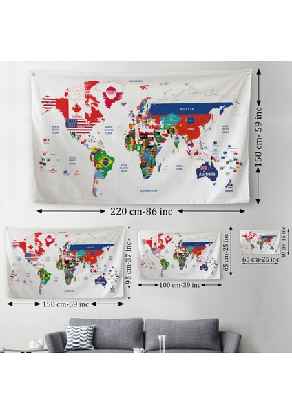 Dünya Haritası Bayrak Desenli Dekoratif Kanvas Duvar Örtüsü-Halısı 1043 modelleri