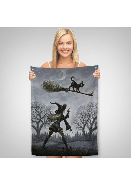 Cadı Süpürgesi ile Uçan Kara Kedi Duvar Örtüsü-Halısı, Witches HALLOWEEN-6353