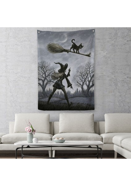 Cadı Süpürgesi ile Uçan Kara Kedi Duvar Örtüsü-Halısı, Witches HALLOWEEN-6353