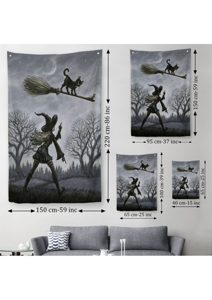 Cadı Süpürgesi ile Uçan Kara Kedi Duvar Örtüsü-Halısı, Witches HALLOWEEN-6353