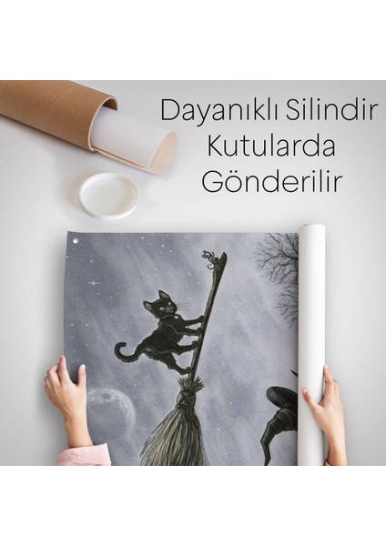 Cadı Süpürgesi ile Uçan Kara Kedi Duvar Örtüsü-Halısı, Witches HALLOWEEN-6353