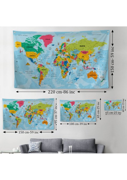 Dünya Haritası Eğitici Ülke Bayraklı Türkçe Harita Çocuk Odası Genç Odası Duvar Örtüsü-Halısı 3865