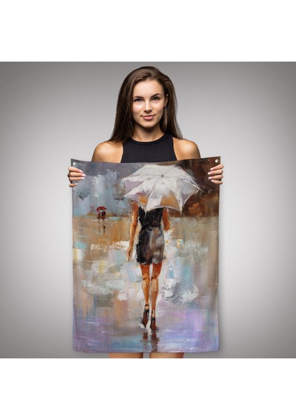Yağmurda Yürüyen Kadın Yağlıboya Görünüm Dekoratif Duvar Örtüsü - HALISI-5928