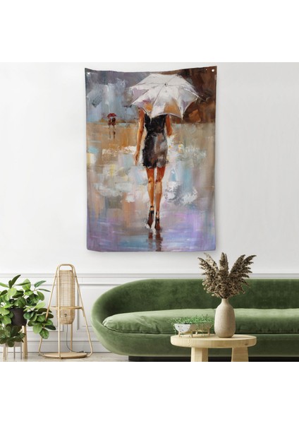 Yağmurda Yürüyen Kadın Yağlıboya Görünüm Dekoratif Duvar Örtüsü - HALISI-5928 fiyatları