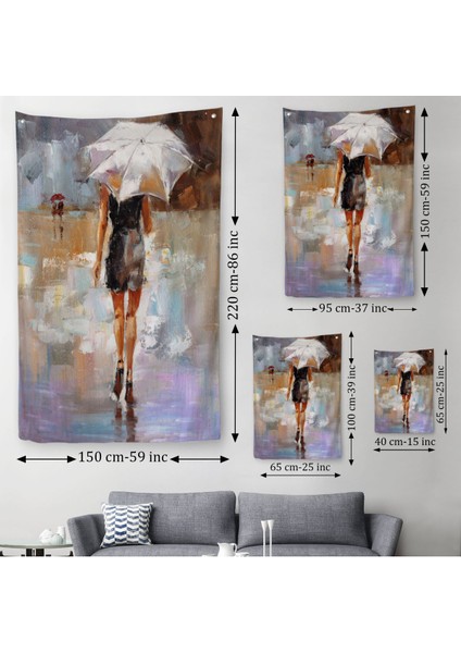 Yağmurda Yürüyen Kadın Yağlıboya Görünüm Dekoratif Duvar Örtüsü - HALISI-5928 modelleri