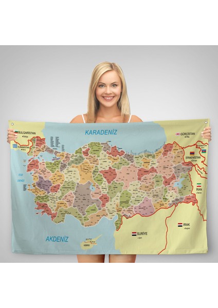 Eğitici ve Öğretici Detaylı Dekoratif Komşulu Türkiye Haritası Duvar Örtüsü-Halısı 3846