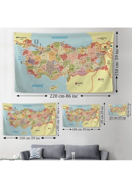 Eğitici ve Öğretici Detaylı Dekoratif Komşulu Türkiye Haritası Duvar Örtüsü-Halısı 3846 modelleri