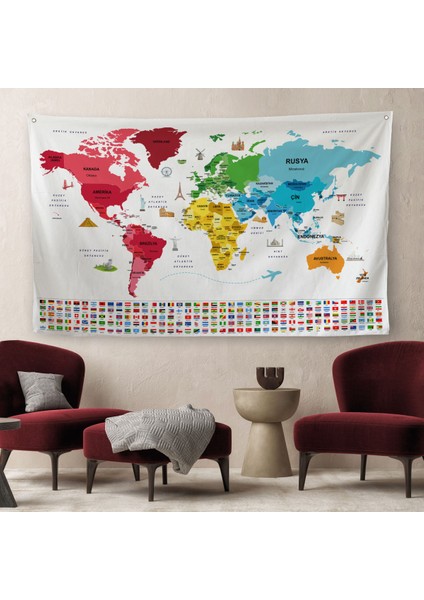 Türkçe Ülke Bayrak Lı Eğitici Başkent Detaylı Atlası Dünya Haritası Duvar Örtüsü-Halısı 3861 fiyatları