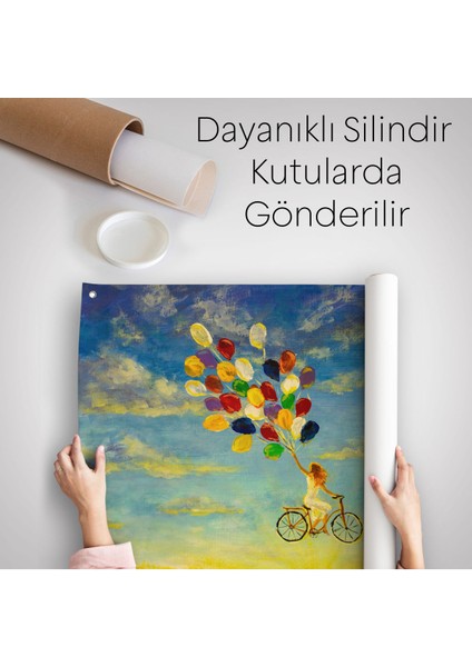 Renkli Balonlar Ile Uçan Bisikletli Kız Kanvas Duvar ÖRTÜSÜ-HALISI-5036
