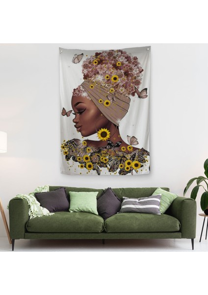 Çiçekler Içindeki Afrikalı Güzel Kadın Duvar Örtüsü - Halısı 6038