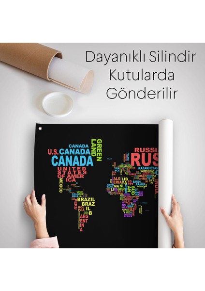 Siyah Zeminli Ülke Isimli Dünya Haritası Kanvas Duvar Örtüsü-Halısı 1015