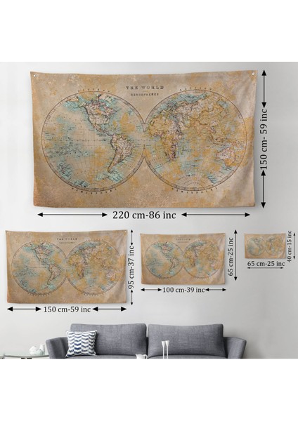 Eskitme Dünya Haritası Vintage Dekoratif Kanvas Duvar Örtüsü-Halısı 1092