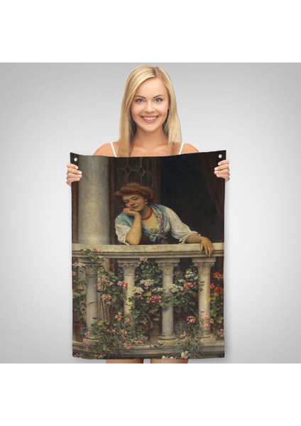 Çiçekli Balkonda Sevgilisini Bekleyen Güzel Kadın Duvar Örtüsü - HALISI-6205