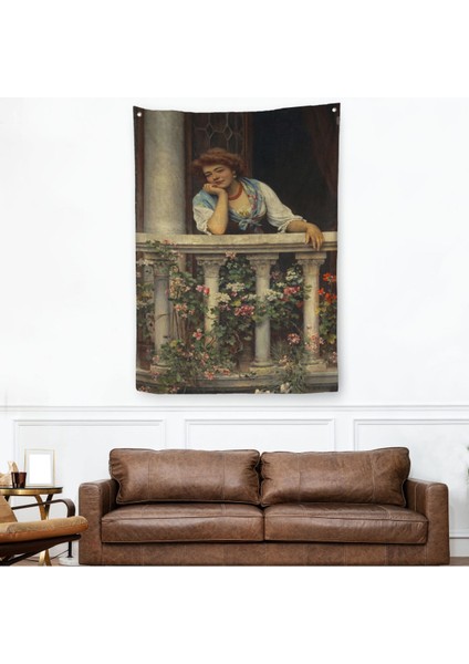 Çiçekli Balkonda Sevgilisini Bekleyen Güzel Kadın Duvar Örtüsü - HALISI-6205 fiyatları
