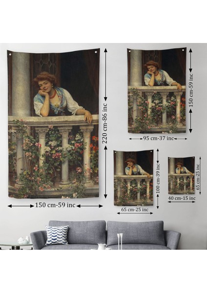 Çiçekli Balkonda Sevgilisini Bekleyen Güzel Kadın Duvar Örtüsü - HALISI-6205 modelleri