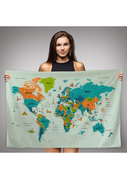 Türkçe Eğitici Ülke ve Başkent Detaylı Atlası Dünya Haritası Duvar Örtüsü-Halısı 3855