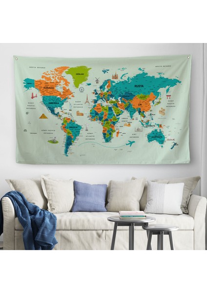 Türkçe Eğitici Ülke ve Başkent Detaylı Atlası Dünya Haritası Duvar Örtüsü-Halısı 3855 fiyatları