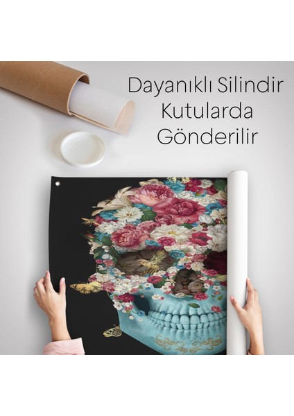 Renkli Çiçeklerle Kafatası Kanvas Duvar Örtüsü-Halısı, Ölülerin Günü Baskıları, Şeker KAFATASI-5332