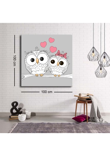 Dekoratif Baskı Illüstrasyon Owl Love Kare Kanvas Tablo