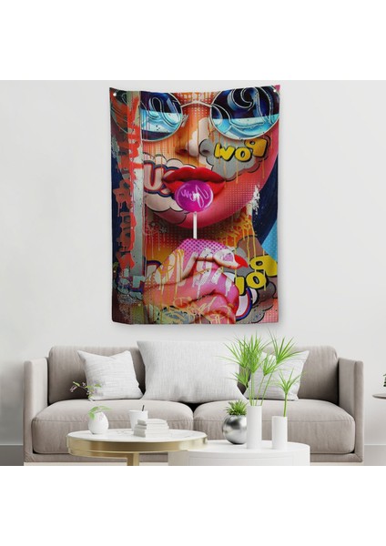Pop Art Sokak Sanatı Renkli Kadın Dekoratif Duvar Örtüsü - HALISI-6107