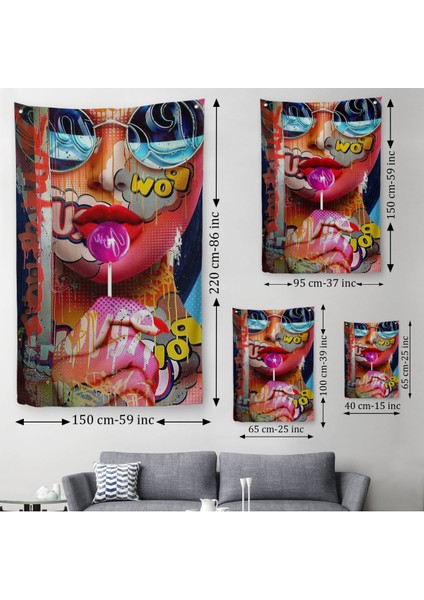 Pop Art Sokak Sanatı Renkli Kadın Dekoratif Duvar Örtüsü - HALISI-6107
