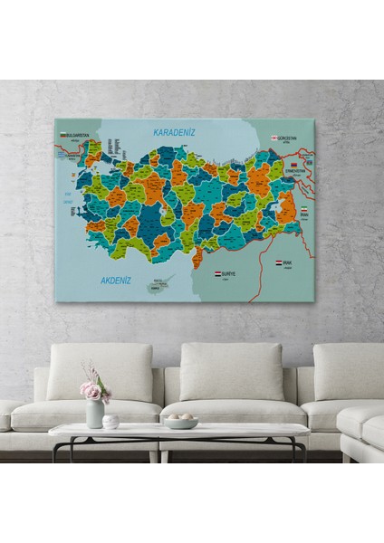 Türkiye Haritası Kanvas Tablo İl ve İlçeli Ayrıntılı Eğitici Komşulu Tablo 3015