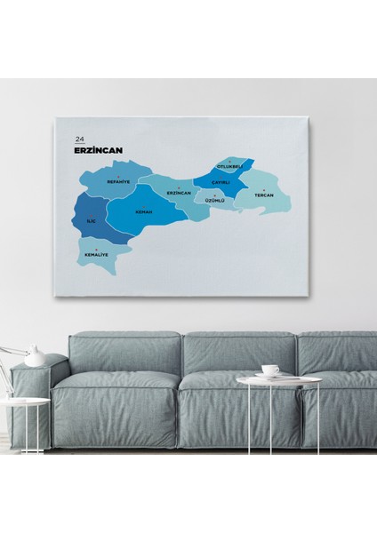 Erzincan İli ve İlçeler Haritası Dekoratif Kanvas Tablo 1335
