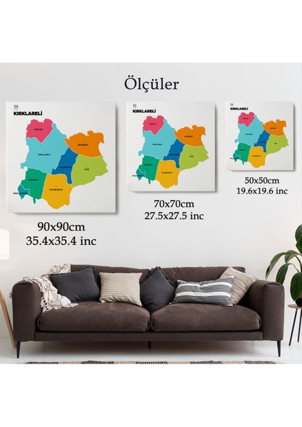 Kırklareli İli ve İlçeler Haritası Dekoratif Kanvas Tablo 1394