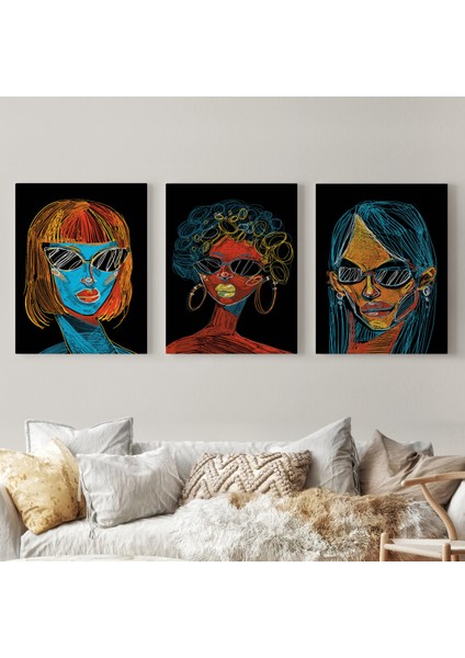 Renkli Pop Art Kadınlar Dekoratif Duvar Tablosu Üçlü Set-EU-120
