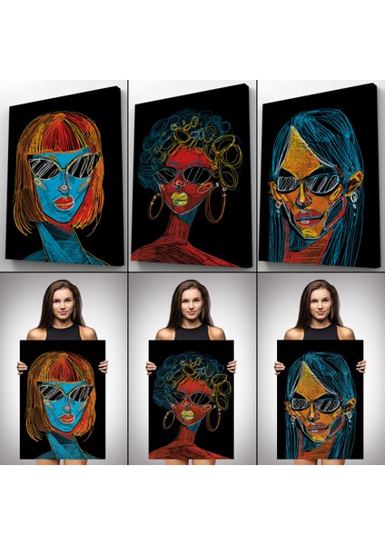 Renkli Pop Art Kadınlar Dekoratif Duvar Tablosu Üçlü Set-EU-120 modelleri