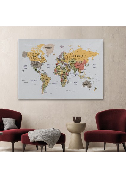 Detaylı Dünya Haritası Dekoratif Renkli Zeminli Kanvas Tablo 1676