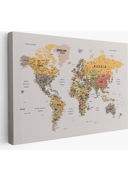 Detaylı Dünya Haritası Dekoratif Renkli Zeminli Kanvas Tablo 1676 fiyatları