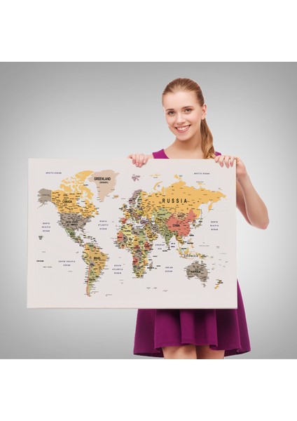 Detaylı Dünya Haritası Dekoratif Renkli Zeminli Kanvas Tablo 1676 fırsatları