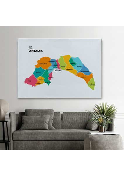 Antalya İli ve İlçeler Haritası Dekoratif Kanvas Tablo 1269