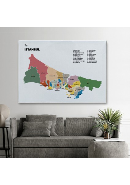 İstanbul İli ve İlçeler Haritası Dekoratif Kanvas Tablo 1365