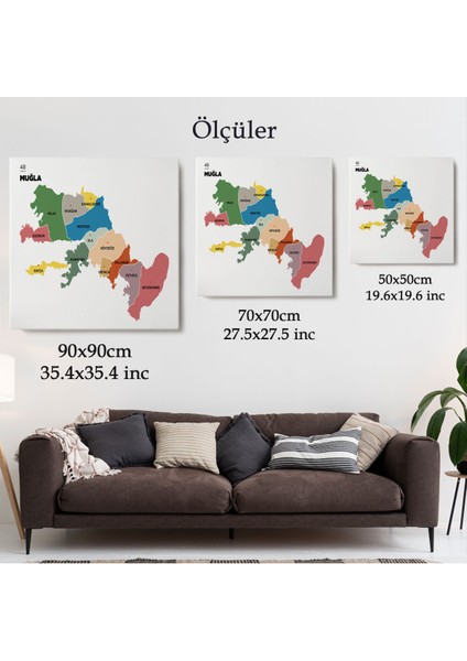 Muğla İli ve İlçeler Haritası Dekoratif Kanvas Tablo 1422 indirimleri